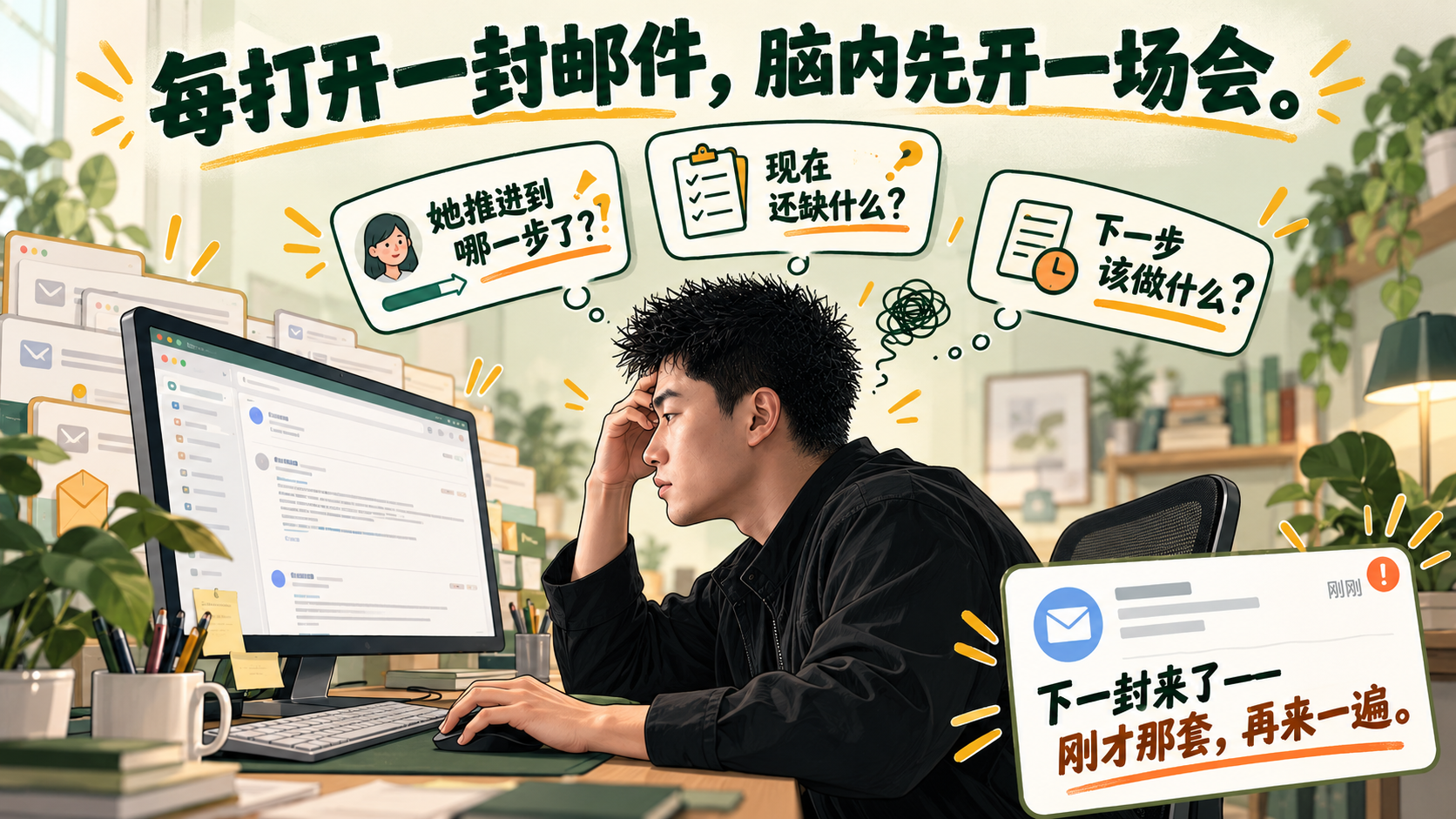 邮件跟进情境插画：逐封回忆达人进度、缺项与下一步