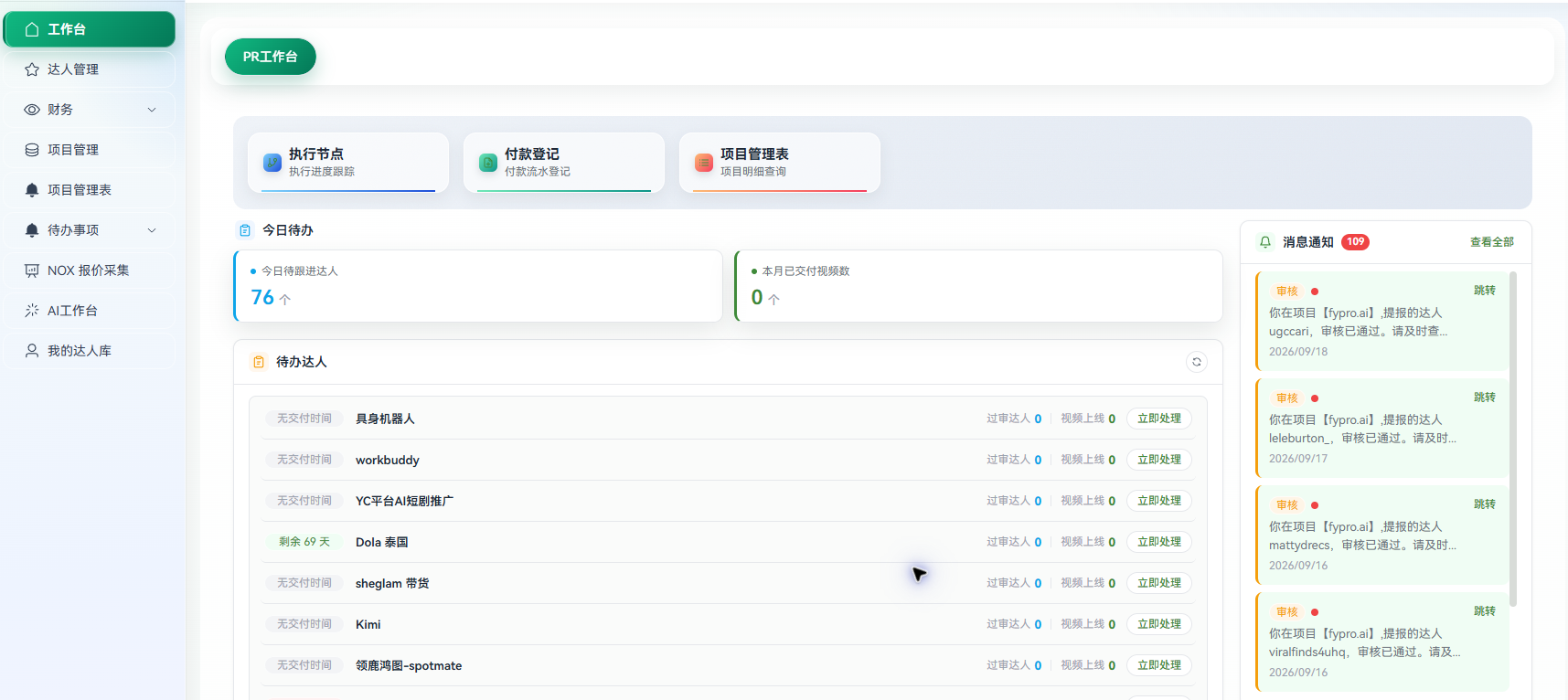 公司PR工作台中的执行节点、付款登记、项目管理表、待办达人与消息通知入口
