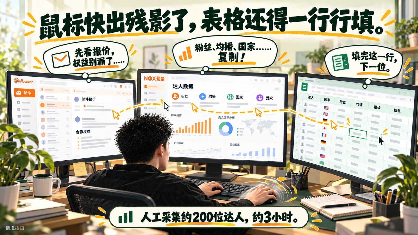 人工报价采集情境插画：从背后看人物在邮件、达人数据和表格三块屏幕间快速操作，鼠标留下动作残影