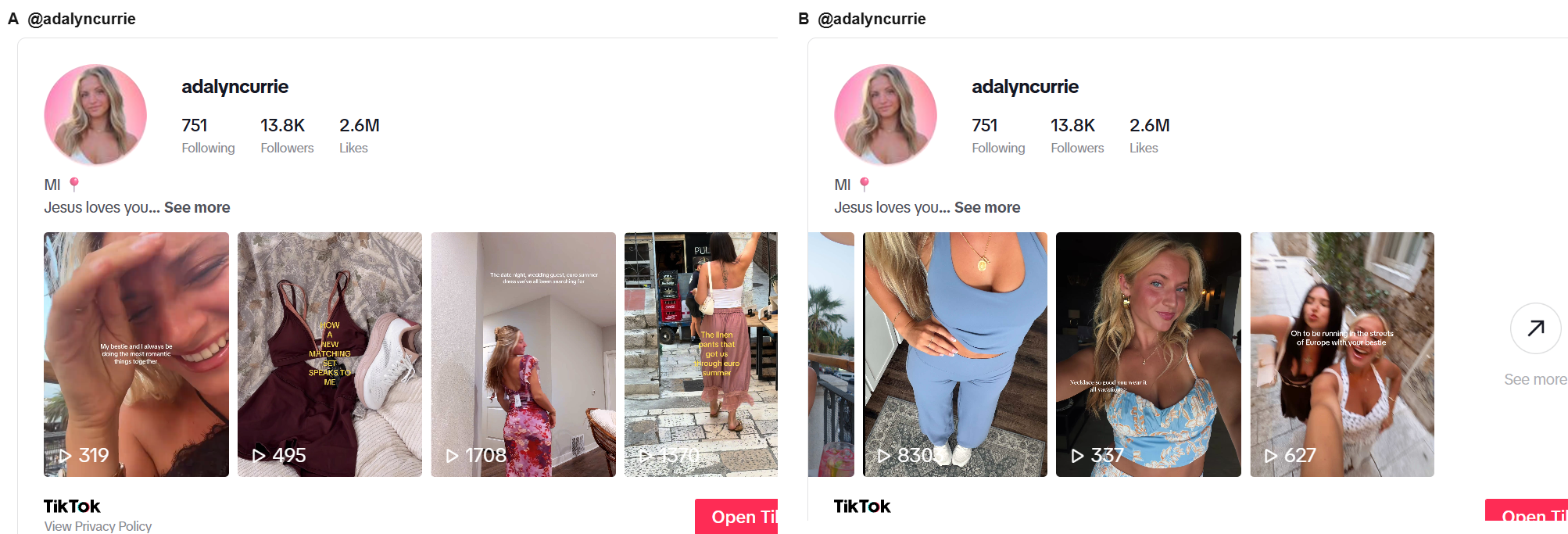 同一位达人 adalyncurrie 的 TikTok Profile Embed 第一屏与右滑后第二屏合成图