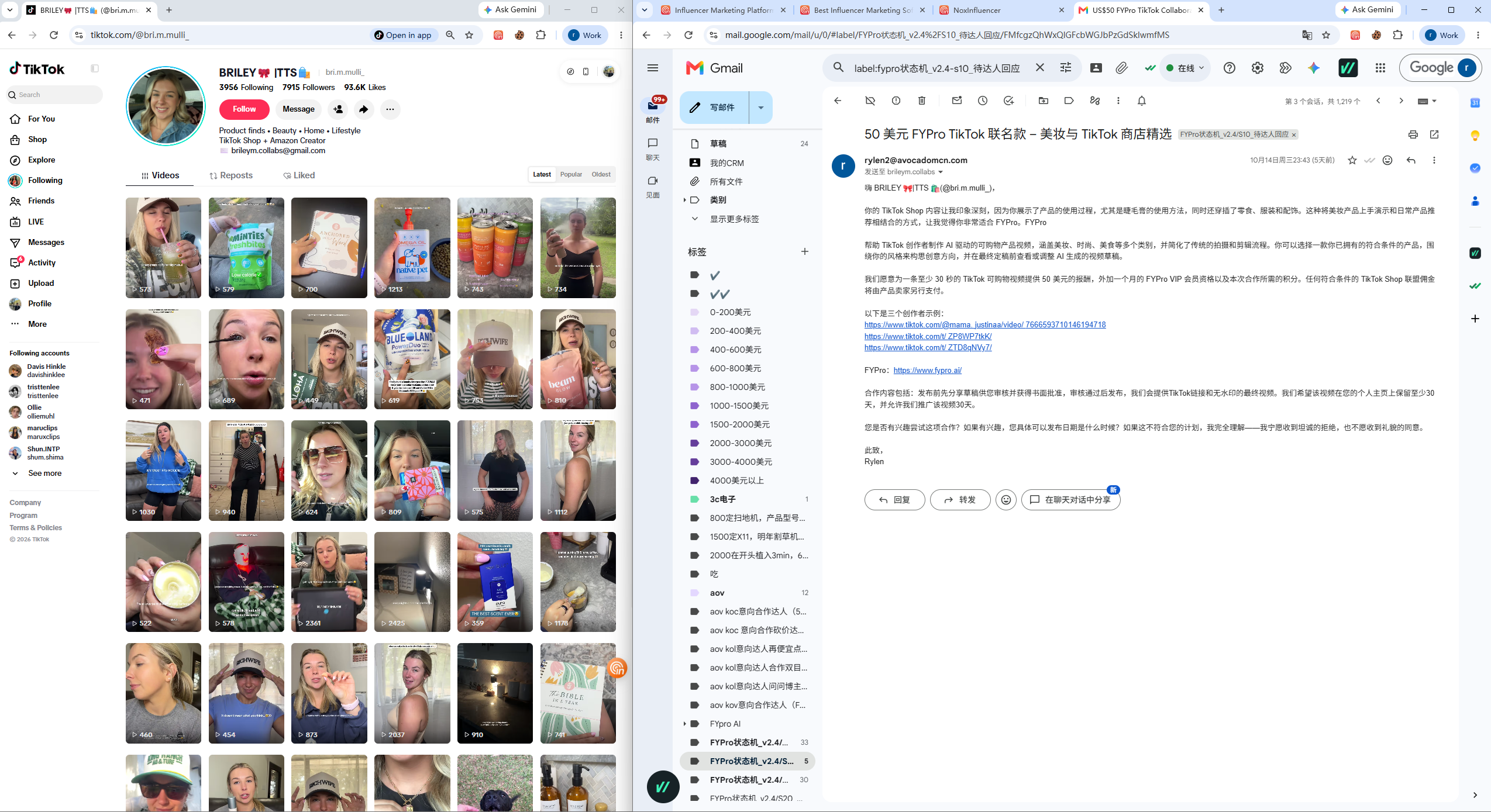 美妆与商品展示达人主页与对应个性化邀约邮件并排核对